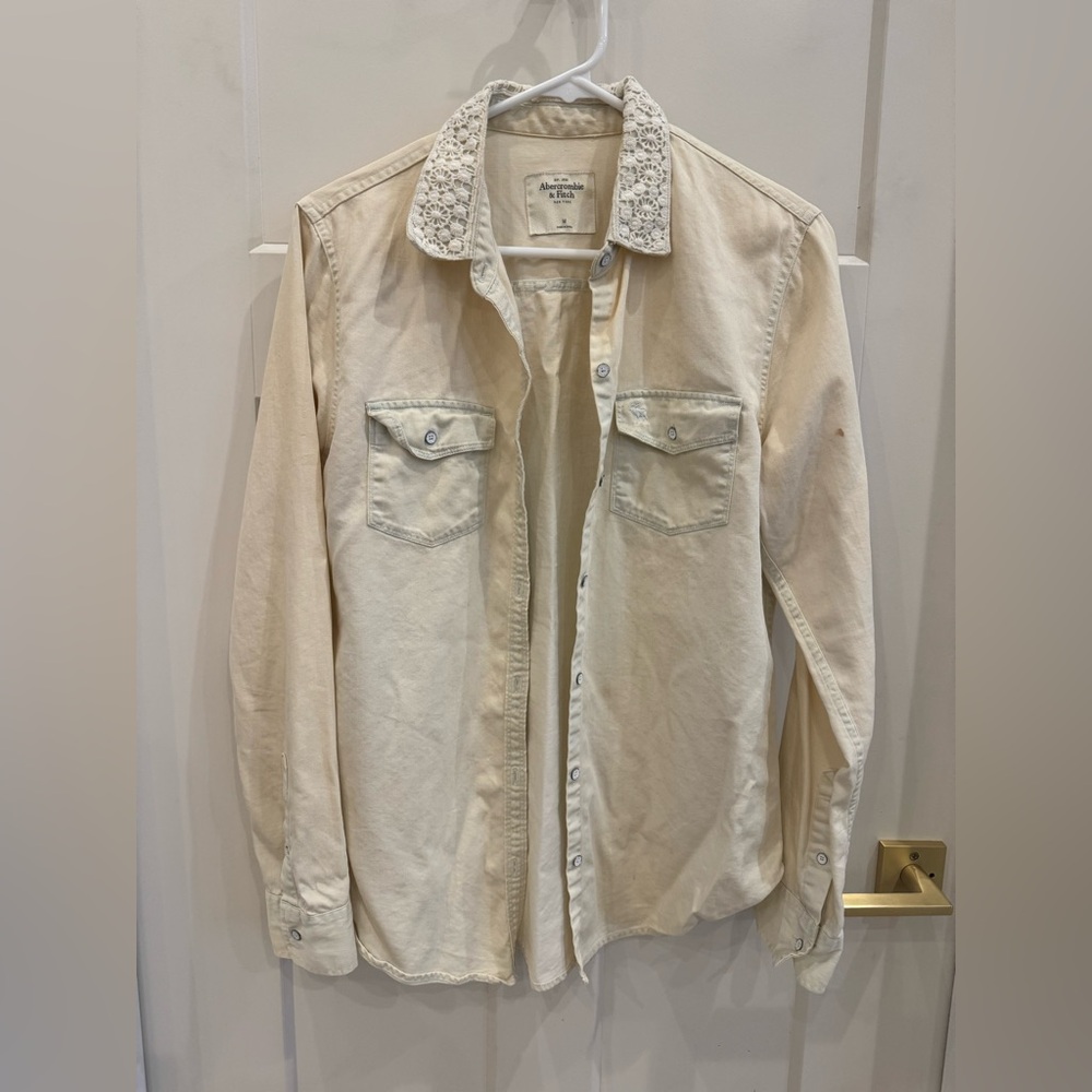 Abercrombie & Fitch Cream Jean Jacket shirt with lace Collar medium